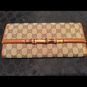 Authentic GUCCI Monogram Canvas Bamboo Bar Clutch